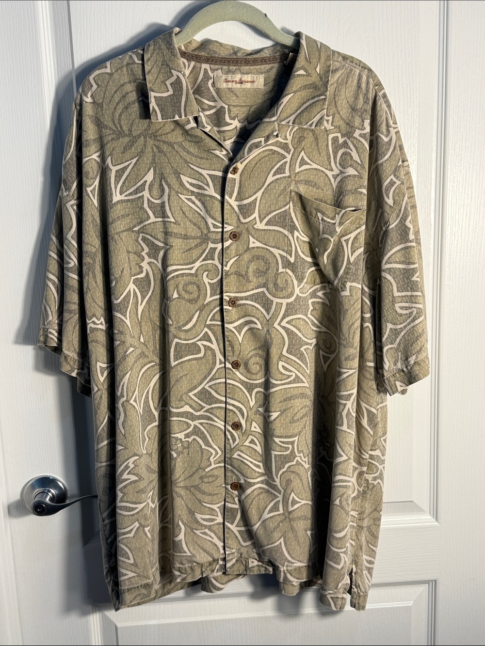Tommy Bahama Olive,Gray Print Button-Up Shirt Pocket Short Sleeves Washable XXL